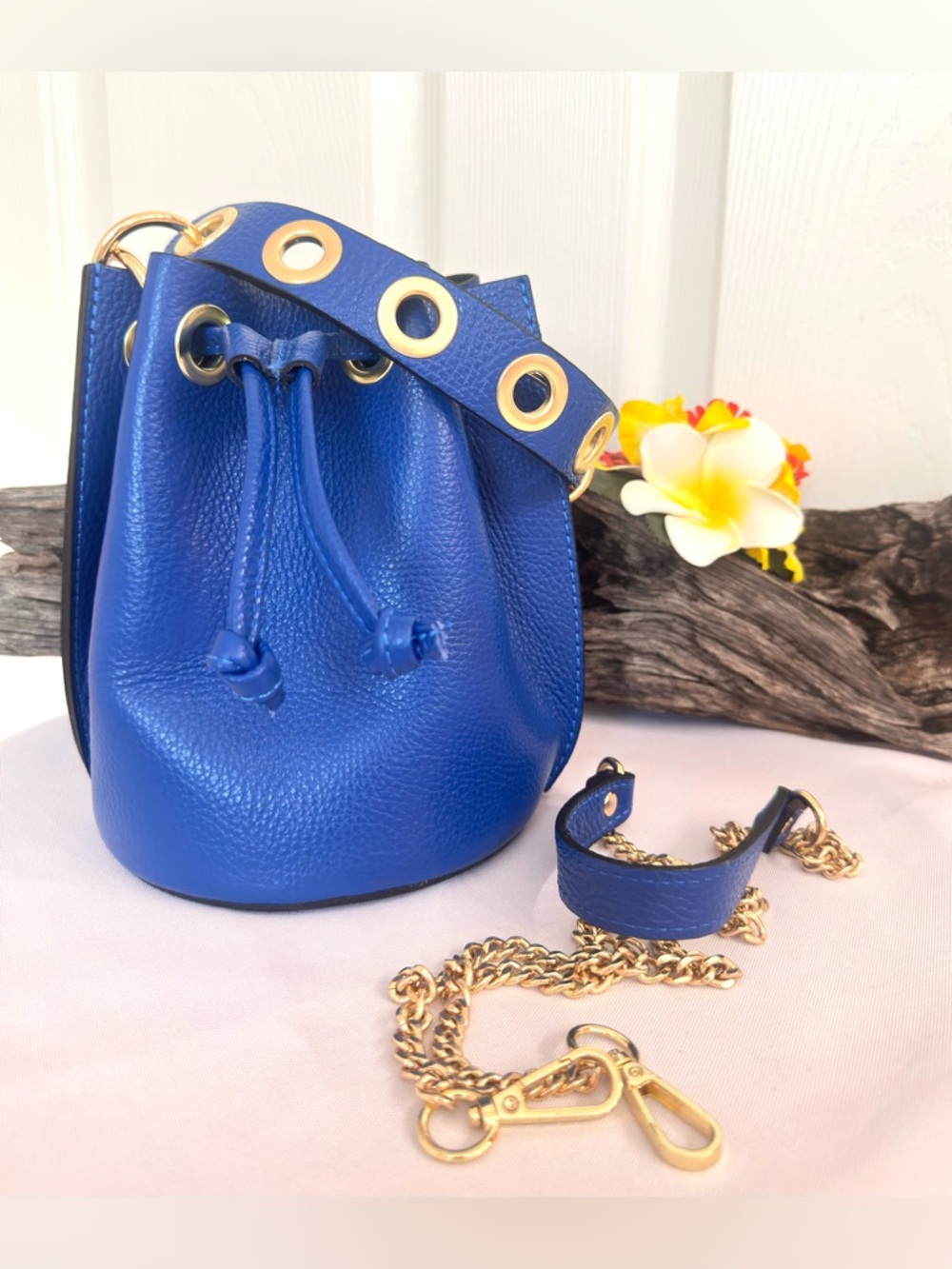 FASHION BAG ~ Royal Blue Leather Bucket Crossbody Bag with Gold Hardware